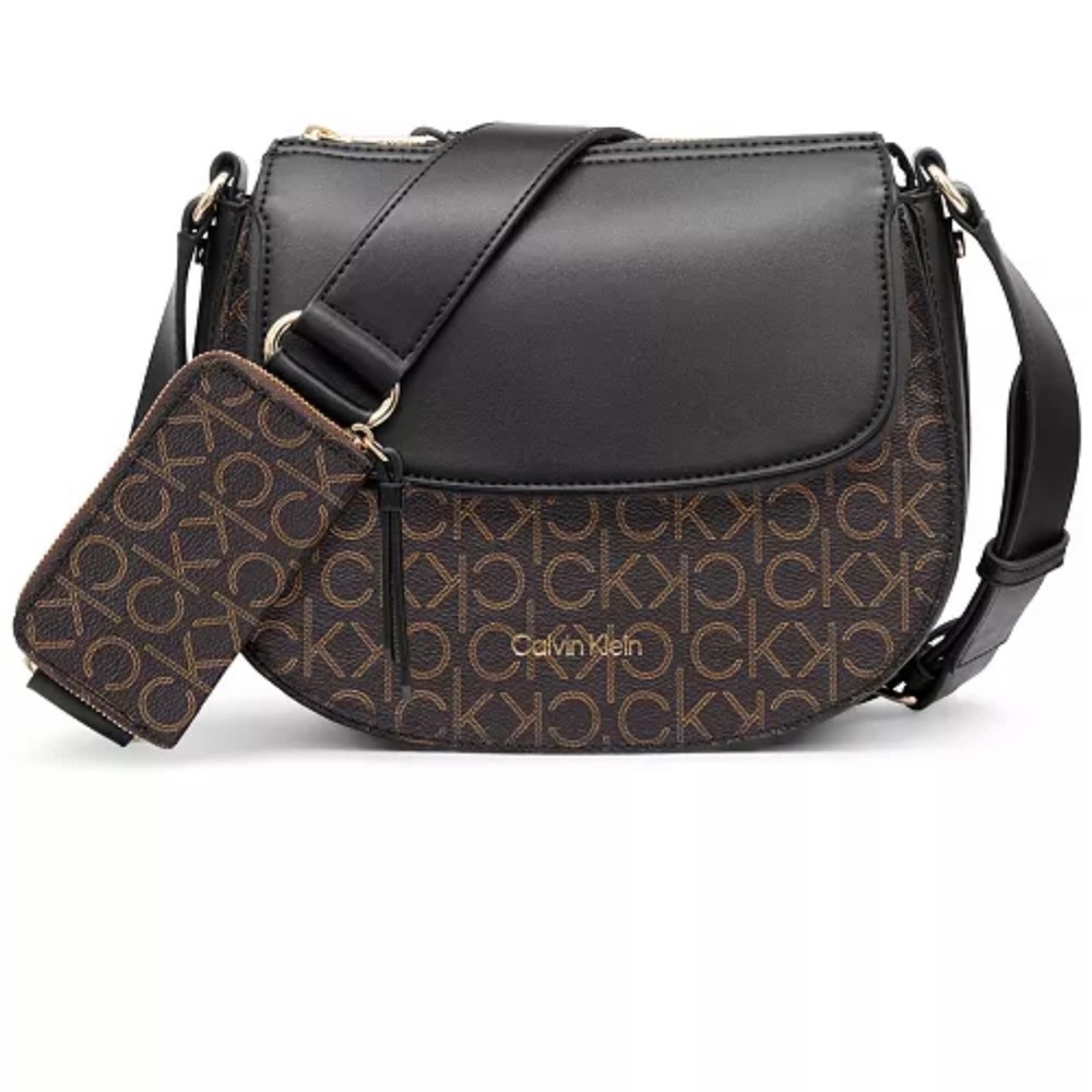 Calvin Klein Black and Brown Crossbody Bag with Monogram Pattern